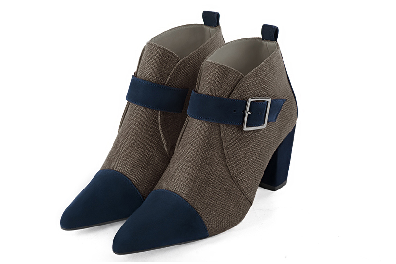 Navy blue and dark brown women's ankle boots with buckles at the front. Tapered toe. High block heels. Front view - Florence KOOIJMAN